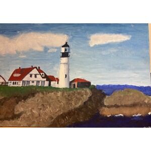 Coastal Lighthouse Cliff Seascape Landscape‎ Painting Art Wall Decor 22x15